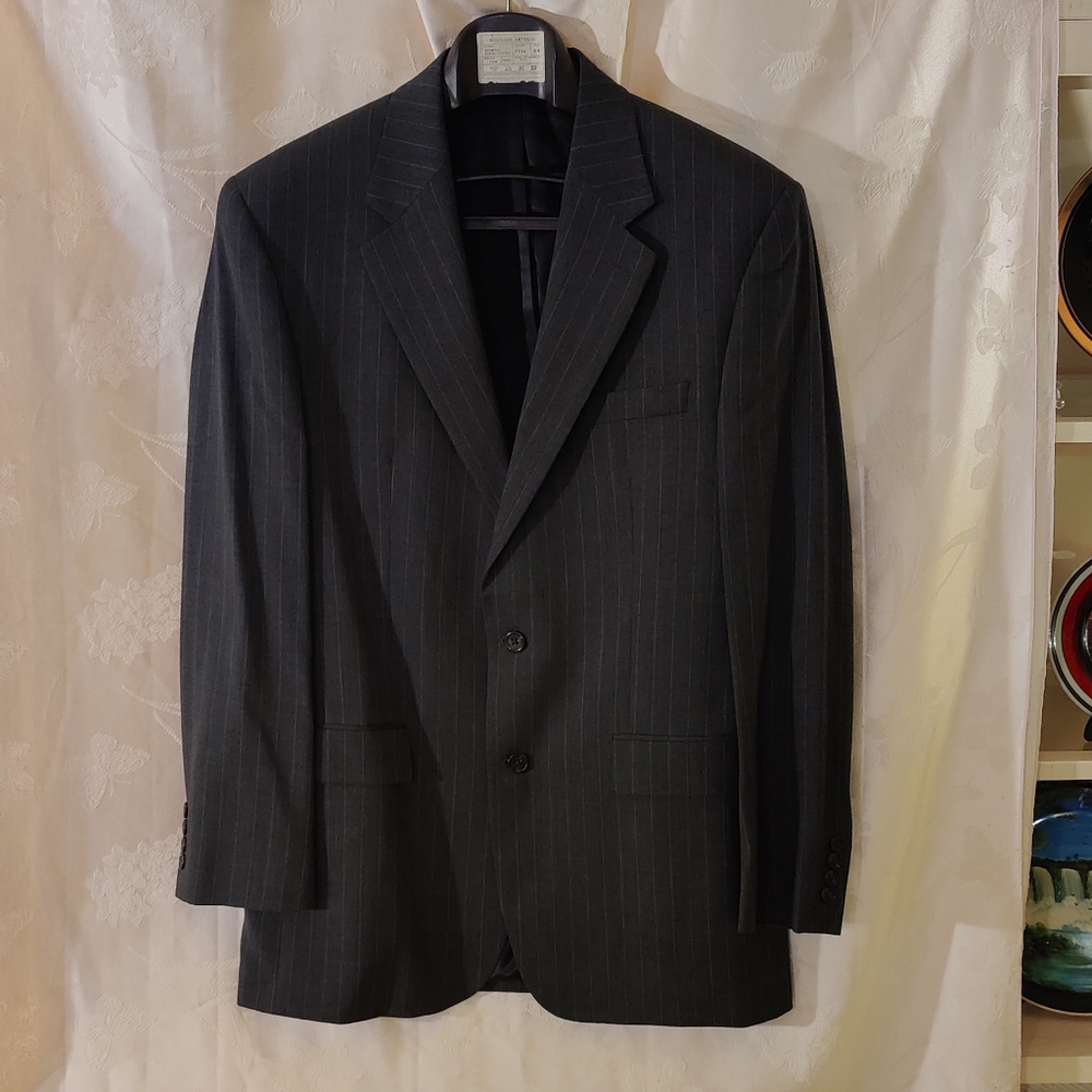 Chaps black pinstripe suit coat: 40L pant: 36W/32L